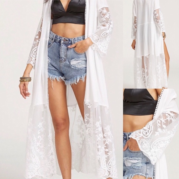 White lace embroidered kimono swimwear cover up - Picture 2 of 6